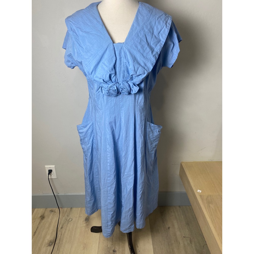 Vintage 50s Blue Cotton Portrait Collar Rosette Day Dress Plus Sized